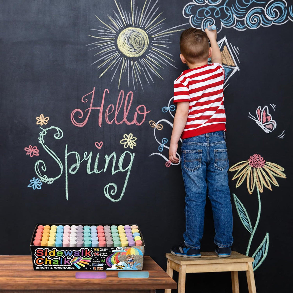 75 PCS Sidewalk Chalk for Kids - 14 Colors, 5 Glitter, Non-Toxic Washable Jumbo Chalks - Bulk Set of Outdoor Paint for Kids and Toddlers - Chalkboard Toys - Big Bucket Chalk for Party