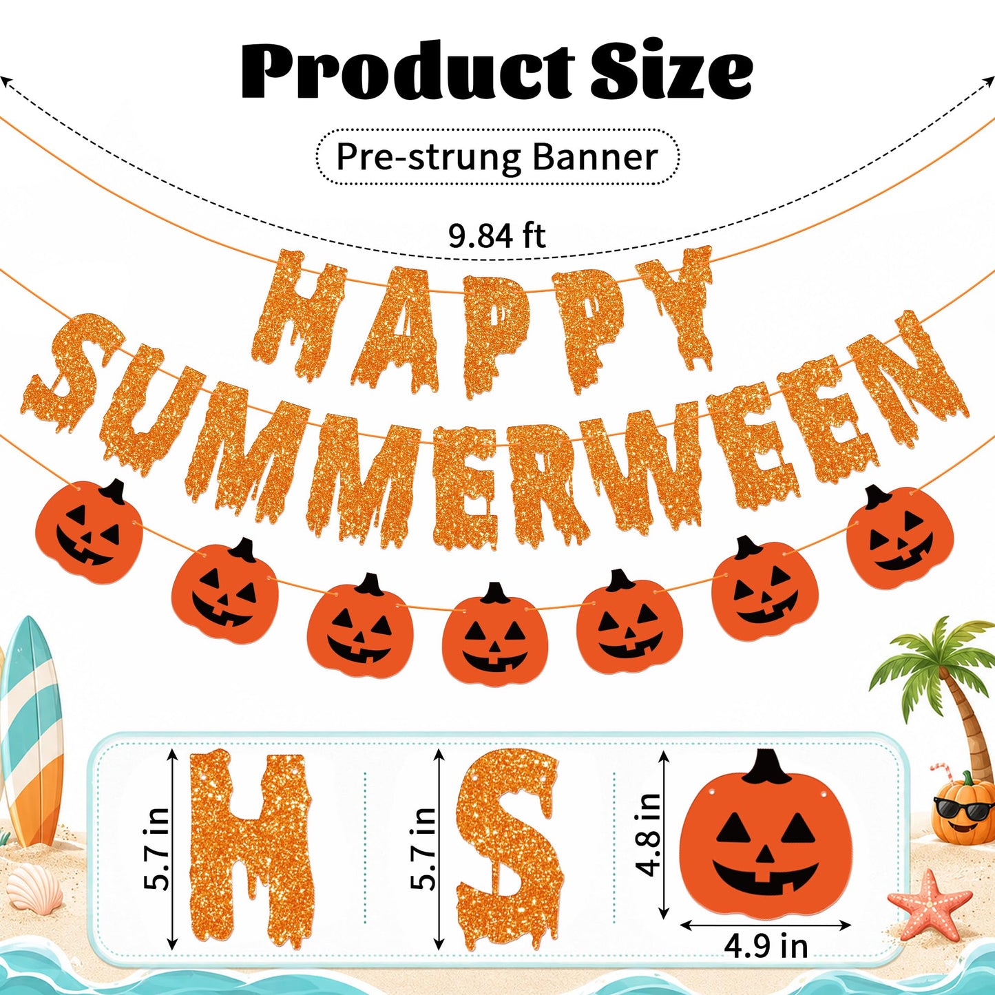 Happy Summerween Banner, Pre-Strung Summerween Party Decorations Glitter Summer Ween Hanging Banner Pumpkins Garland Halloween in Summer Decor Spooky Birthday Party Supplies for Home Office