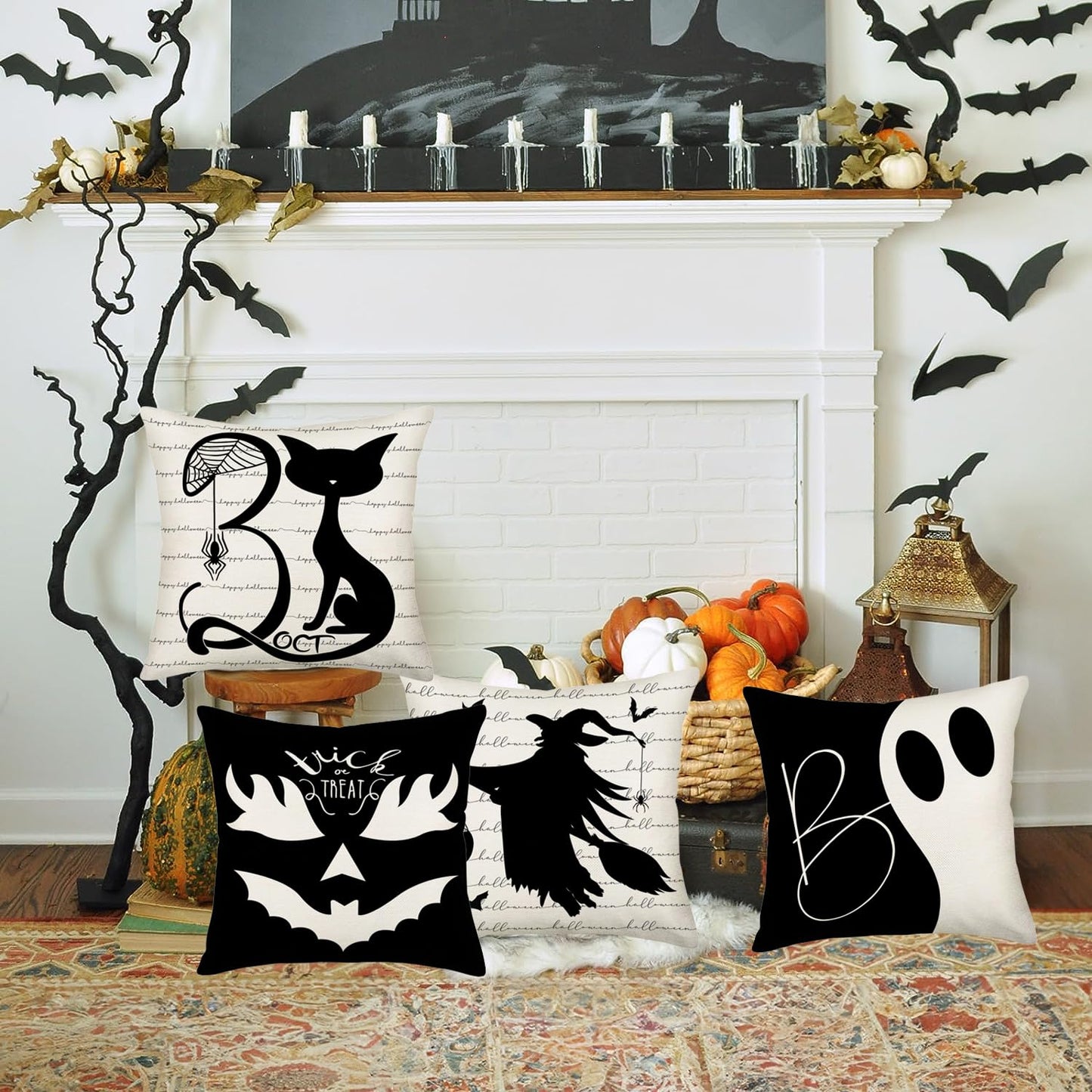 Easternproject Halloween Boo Throw Pillow Covers Set of 4 20x20 Inch October 31 Cat Trick or Treat Evil Pumpkin Ghost Witch Halloween Fall Farmhouse Decorations Pillows Cushion Cases Black White