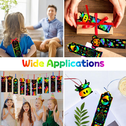 TCVENTS 100 Sets Scratch Art Bookmark Making Kit, DIY Animal Bulk Bookmarks with 100PCS Ribbons and 100PCS Wood Stylus for Kids 4-14 Years Old Students Classroom Prizes Gifts & Party Favors, 13 Styles
