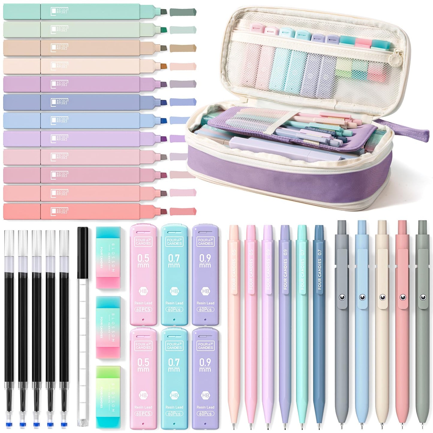 Four Candies 39PCS Cute Aesthetic School Supplies with Pen Case, Stationery Set for College & Nursing School Essentials, 12 Highlighters, 5 Gel Pens, 6 Mechanical Pencils, Purple
