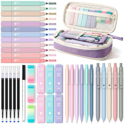 Four Candies 39PCS Cute Aesthetic School Supplies with Pen Case, Stationery Set for College & Nursing School Essentials, 12 Highlighters, 5 Gel Pens, 6 Mechanical Pencils, Purple