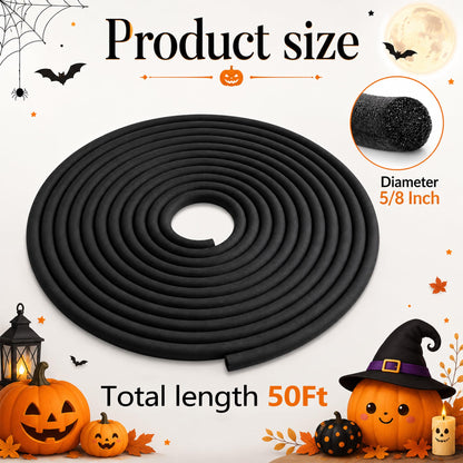 moonoom 50ft Black Halloween Foam Noodle, 5/8 Inch EPE Foam Tubes for Crafts, Versatile Foam Rope Roll for Halloween Holiday DIY Arts and Crafts Supplies Window Spider Web Decoration