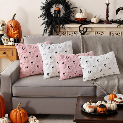 decorUhome Fall Halloween Ghost Pillow Covers 16x16 Pack of 2 Soft Plush Faux Wool Textured Throw Pillow Covers Cute 3D Ghost Decorative Cushion Cases for Couch Sofa Bedroom Home Decor, Blush Pink
