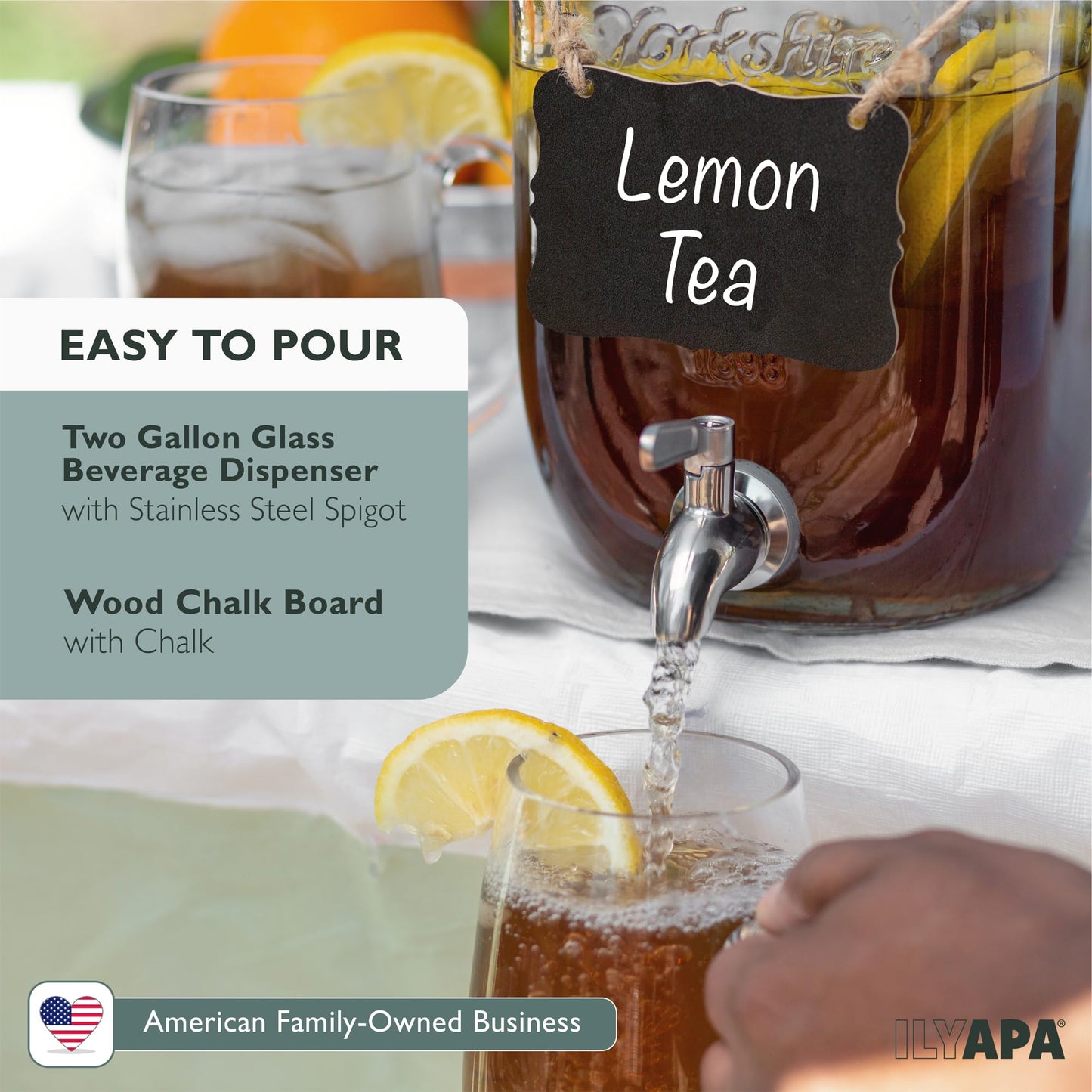 Ilyapa 2 Gallon Drink Dispenser - Wide Mouth Glass Drink Dispenser - 100% Leak Proof Stainless Steel Spigot with Glass Flip Top Lid, for Any Event