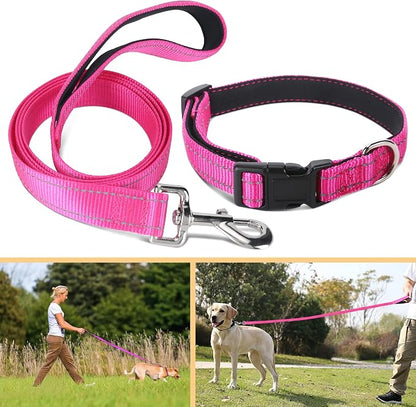Soft Neoprene Padded Dog Collar and Leash Set for Small Medium Large Dogs, Reflective Durable Nylon Dog Collar with 5ft Leash Easy for Walking, Hot Pink,Neck fit 12.5-19.5’’