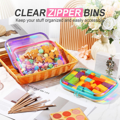 Hoolerry 3 Pcs Clear Hard Zipper Case Hard Plastic Zipper Pouch Makeup Bag Portable Travel Organizer for Cosmetics, Office Supplies, Documents & Toiletries(Laser,M)