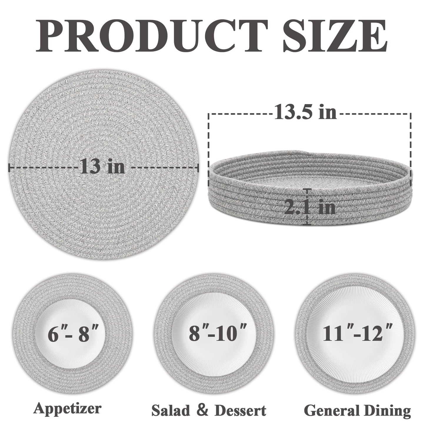 Round Placemats Set of 6 with Holder, Cotton Rope Woven Place Mats, Hot Pads for Kitchen, Heat Resistant Table Mats, 13 Inch Farmhouse Washable Braided Placemat for Kitchen Decor (Gray)