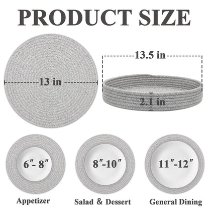 Round Placemats Set of 6 with Holder, Cotton Rope Woven Place Mats, Hot Pads for Kitchen, Heat Resistant Table Mats, 13 Inch Farmhouse Washable Braided Placemat for Kitchen Decor (Gray)