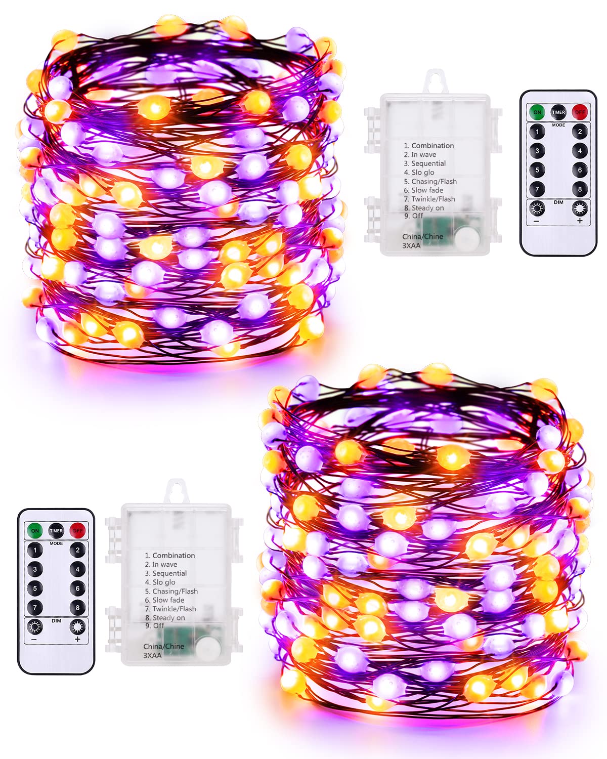 ODEETRONIC Orange Purple Halloween Lights, 2 Pack 16.4ft 50 LED Orange Fairy Lights String, 8 Modes Battery Operated Purple Twinkle Tree Lights with Remote Timer for Party Home Indoor Outside Decor