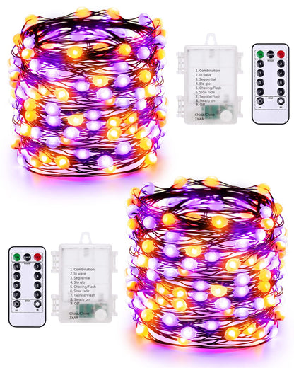 ODEETRONIC Orange Purple Halloween Lights, 2 Pack 16.4ft 50 LED Orange Fairy Lights String, 8 Modes Battery Operated Purple Twinkle Tree Lights with Remote Timer for Party Home Indoor Outside Decor