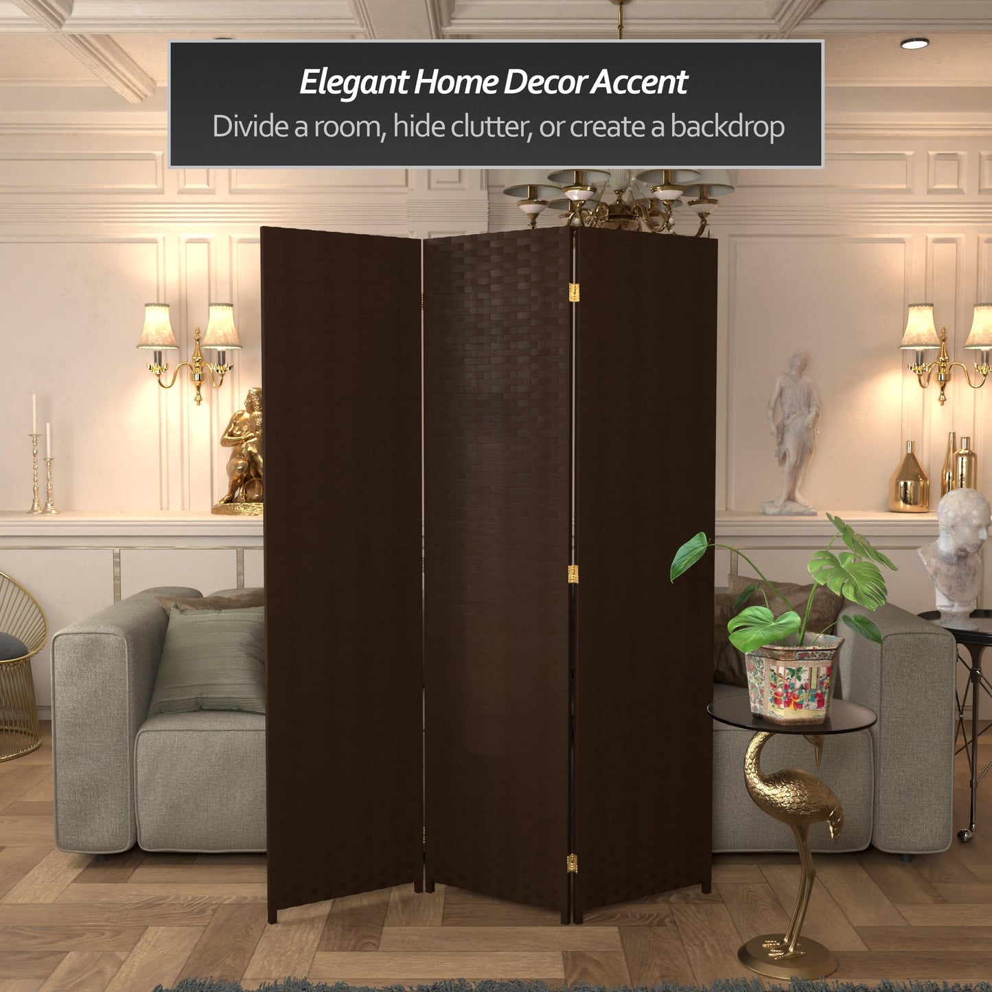 Red Lantern 6 ft. Tall Woven Fiber Room Divider, 3 Panels, Dark Mocha