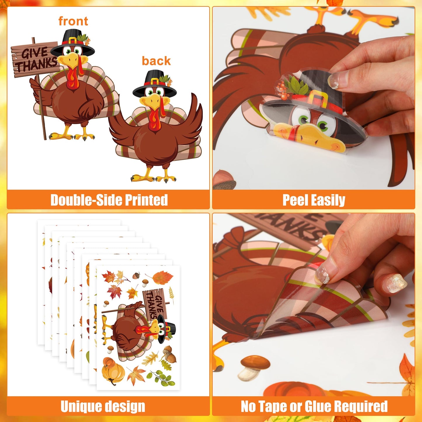 9 Sheets Thanksgiving Window Clings Double Sided Turkey Window Decals Pumpkin Fall Leaves Windows Decal Stickers for Thanksgiving Fall Autumn Glass Home Classroom Office Decor