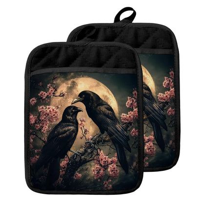 GOOZHO Moody Moonlit Gothic Raven Pot Holders with Pockets, Dark Academia Halloween Crow Cherry Blossom Oven Pot Holders Heat Resistant Oven Mitts Hot Pads for Kitchen Baking Cooking