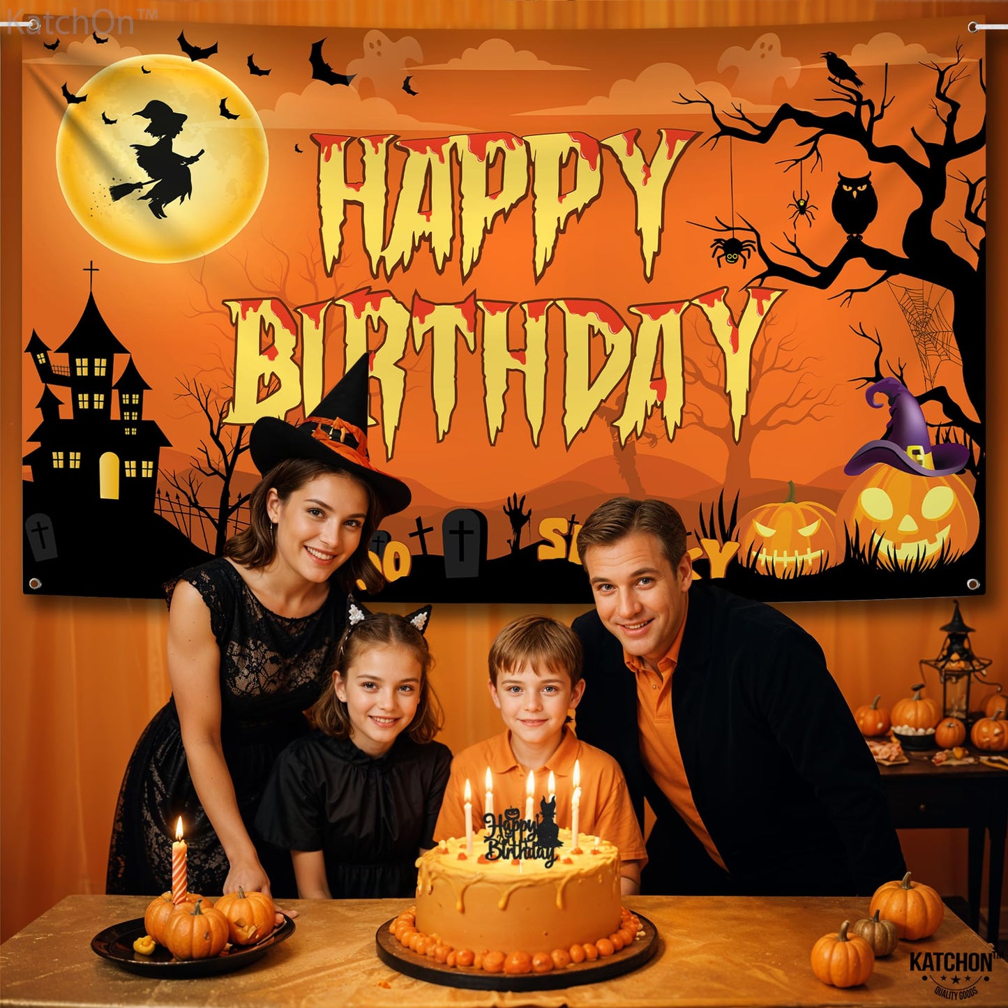 KatchOn, Halloween Happy Birthday Banner - XtraLarge, 72x44 Inch | Spooky Halloween Banner for halloween Birthday Party Decorations | Happy Birthday Backdrop, birthday Decorations Indoor
