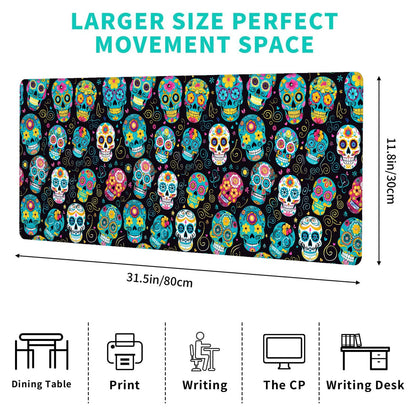 ainori Sugar Skull Gaming Mouse Pad,12x31.5in Non-Slip Rubber Day of The Dead Desk Mat,Large Extended Mousepad for Office Home Laptop,Halloween Mice Pads Gifts,Festive Game Lover Deskmat Decor