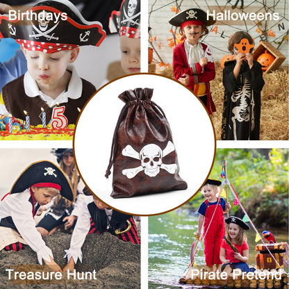 Jopffol 12 Pcs Pirate Loot Bags Goodie Bag with Drawstring,Faux Cow Skin Pirate Treasure Bags for Birthday Party Favors Supplies,Dice Bag Accessories for Party Decorations