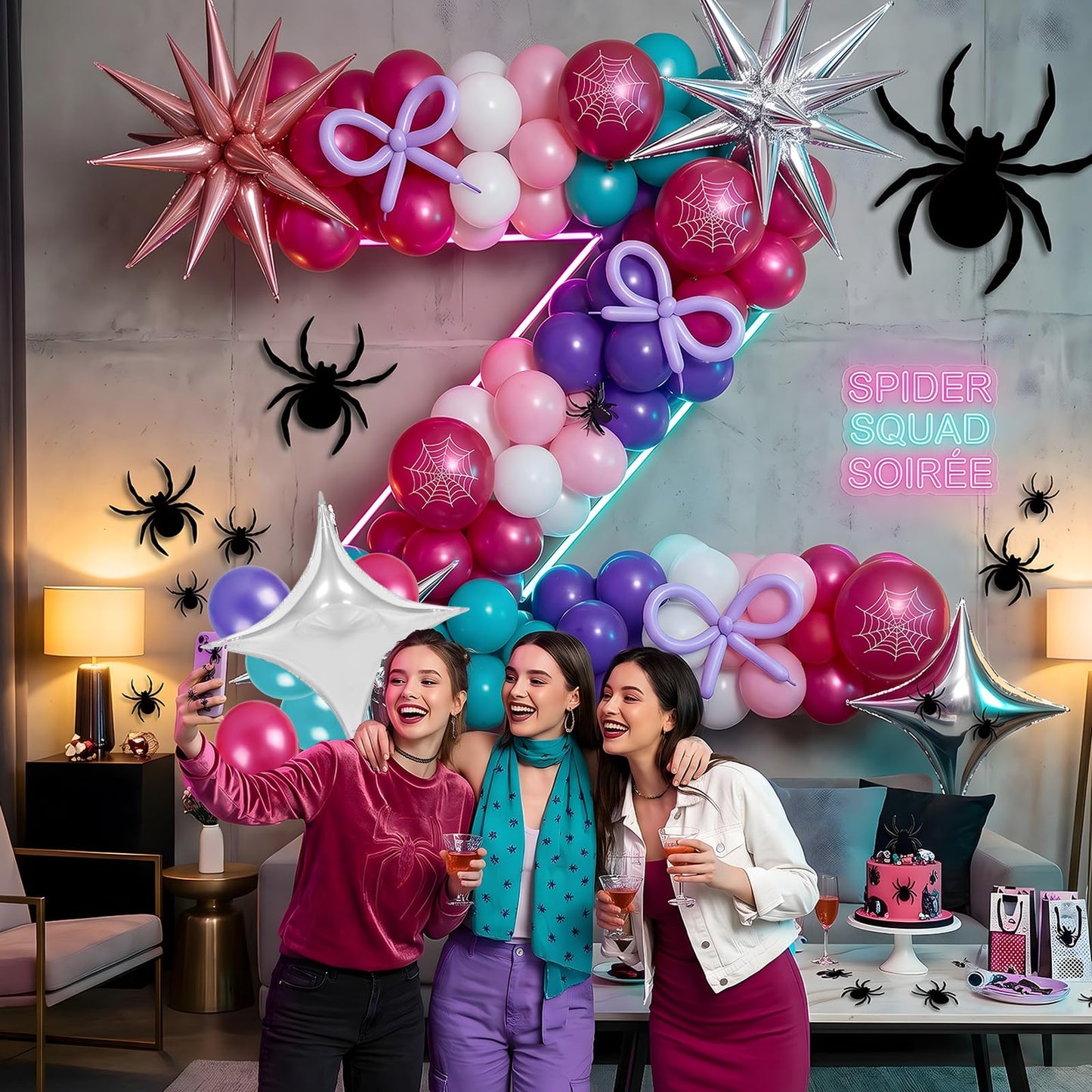162PCS Spider Theme Balloon Arch Kit Pink Purple Teal Spider Web Balloons with Star Foil Balloons for Web Hero Girl Birthday Decorations