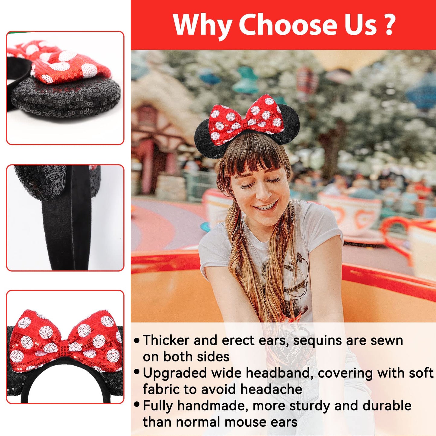 UNSPAZ Mouse Ears Headbands, Sequin Mouse Ears for Women Girls Boys, Shiny Bow Headband for Cosplay Costume Party Decorations Hair Accessories (Polka Dots)