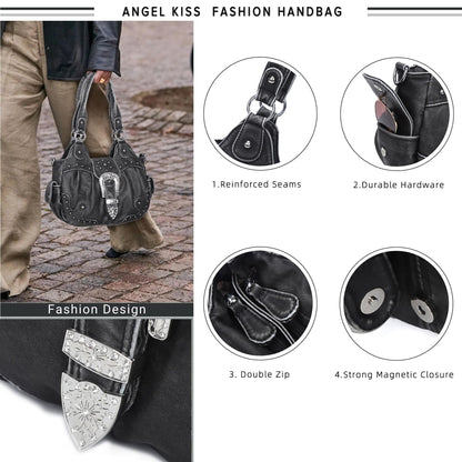 Angel Kiss Hobo Bags for Women Vegan Leather Purses and Handbags Ladies Chic Shoulder Bags Crossbody Purses with Metal Studs