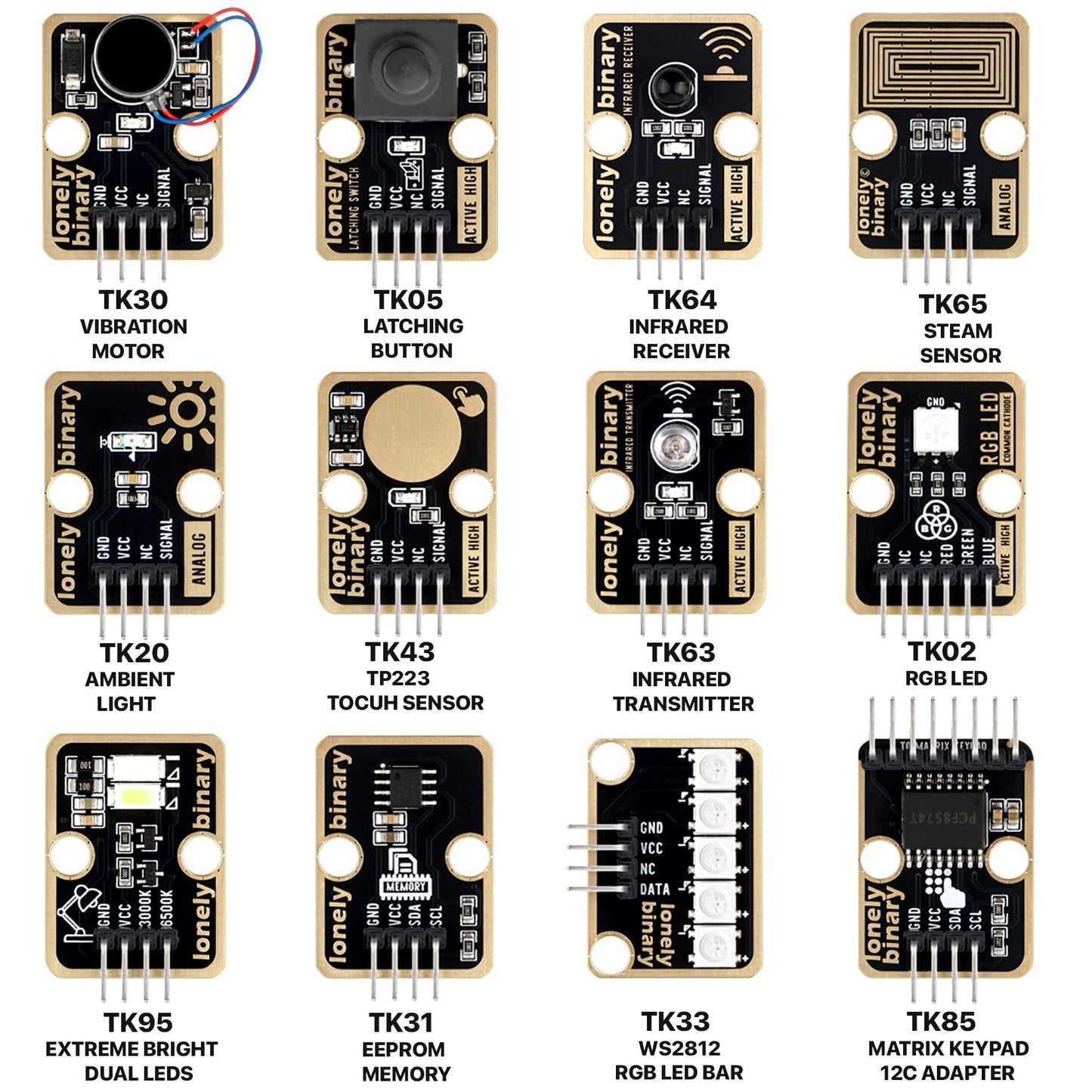 Lonely Binary 46-Piece Sensor Module Kit for Arduino, ESP32, Raspberry Pi Pico - Gold Edition with OLED, LED Matrix, 7-Segment Display, Lead-Free ENIG | STEM Learning DIY Starter Kit with Tutorials