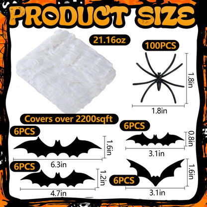 2200 Sqft Super Stretch Cobwebs with 100 Fake Spiders 24 Bats, 21.16 oz Halloween Spider Webs Decorations, DIY Spooky Spider Cotton Webbing for Outdoor Indoor Yard Garden Haunted House Party Supplies