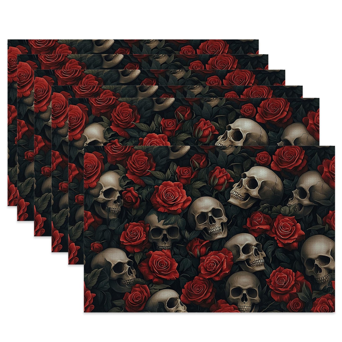 Cloth Placemats,Gothic Skull Fabric Placemats Set of 6,Washable Halloween Red Rose Flower Table Mats,Decorative Place Mats for Dining Home Kitchen Holiday Party 11.8x17.7 Inch