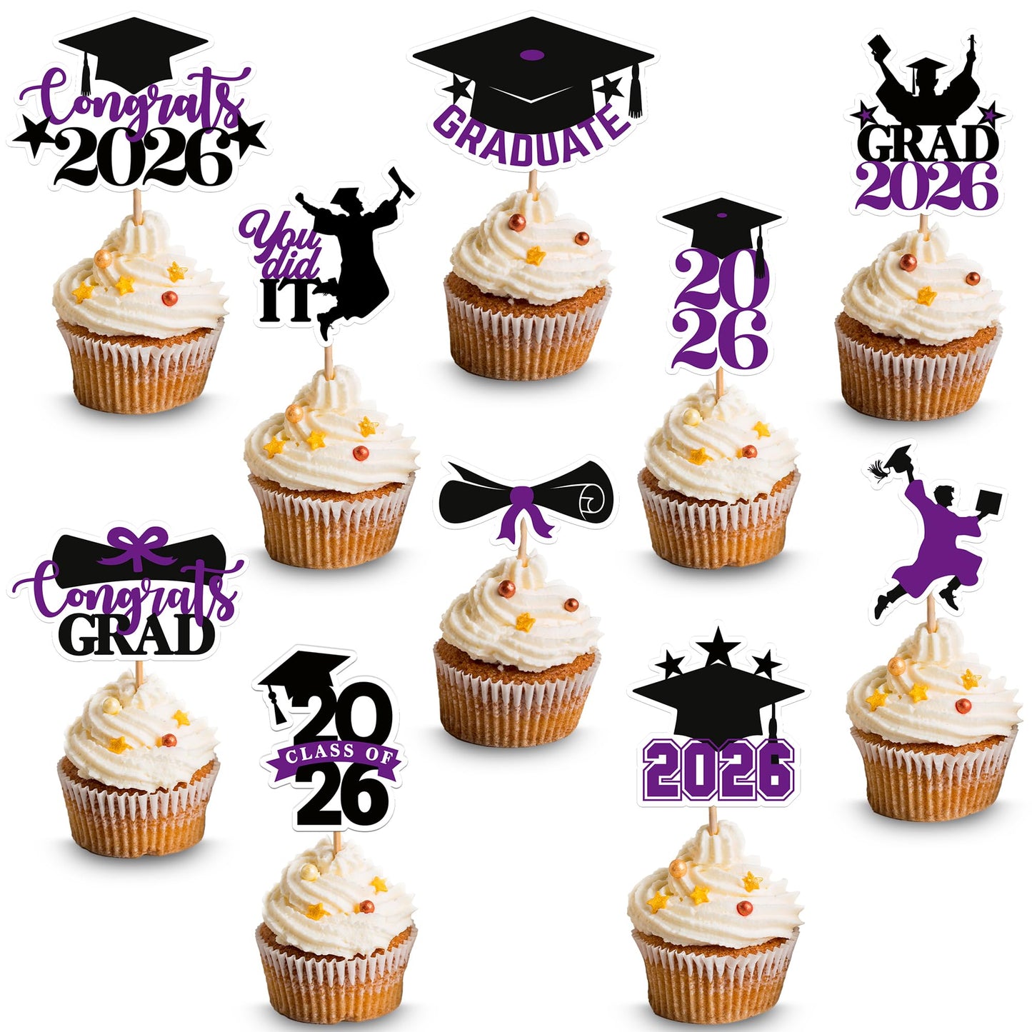 Graduation Decorations 2026 | Purple and Black Graduation Cake Topper 2026 - Pack of 36 | Graduation Cupcake Toppers 2026 for Graduation Decorations 2026, Dessert Toppers Grad, KatchOn