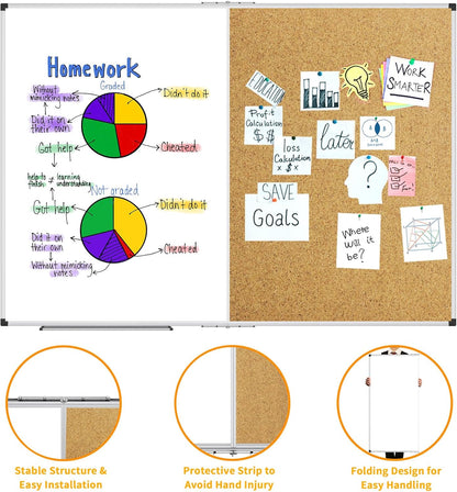 XBoard Extra Large Magnetic White Board and Bulletin Corkboard Combination, 72 x 48 Inch Foldable Dry Erase & Cork Combo Board for Wall with Aluminum Frame, 6' x 4' Notice Memo Board Pin Vision Board