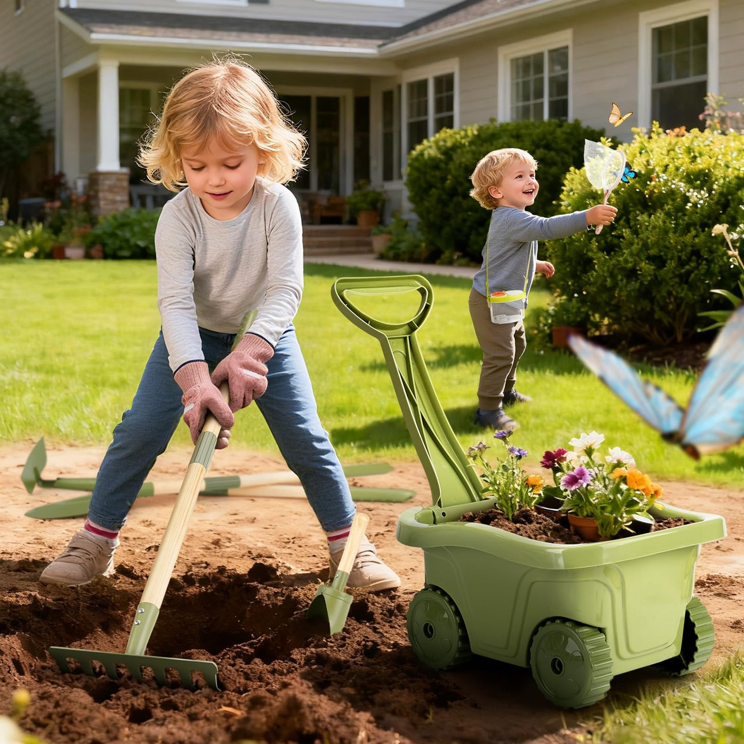 Dreamon Kids Gardening Tools & Bug Catcher Kit, 2-in-1 Outdoor Toys with Wheelbarrow and Bug House, STEM Educational Toys for 3 Year Old, Birthday Gifts Outdoor Gifts for Kids 3-5, Green