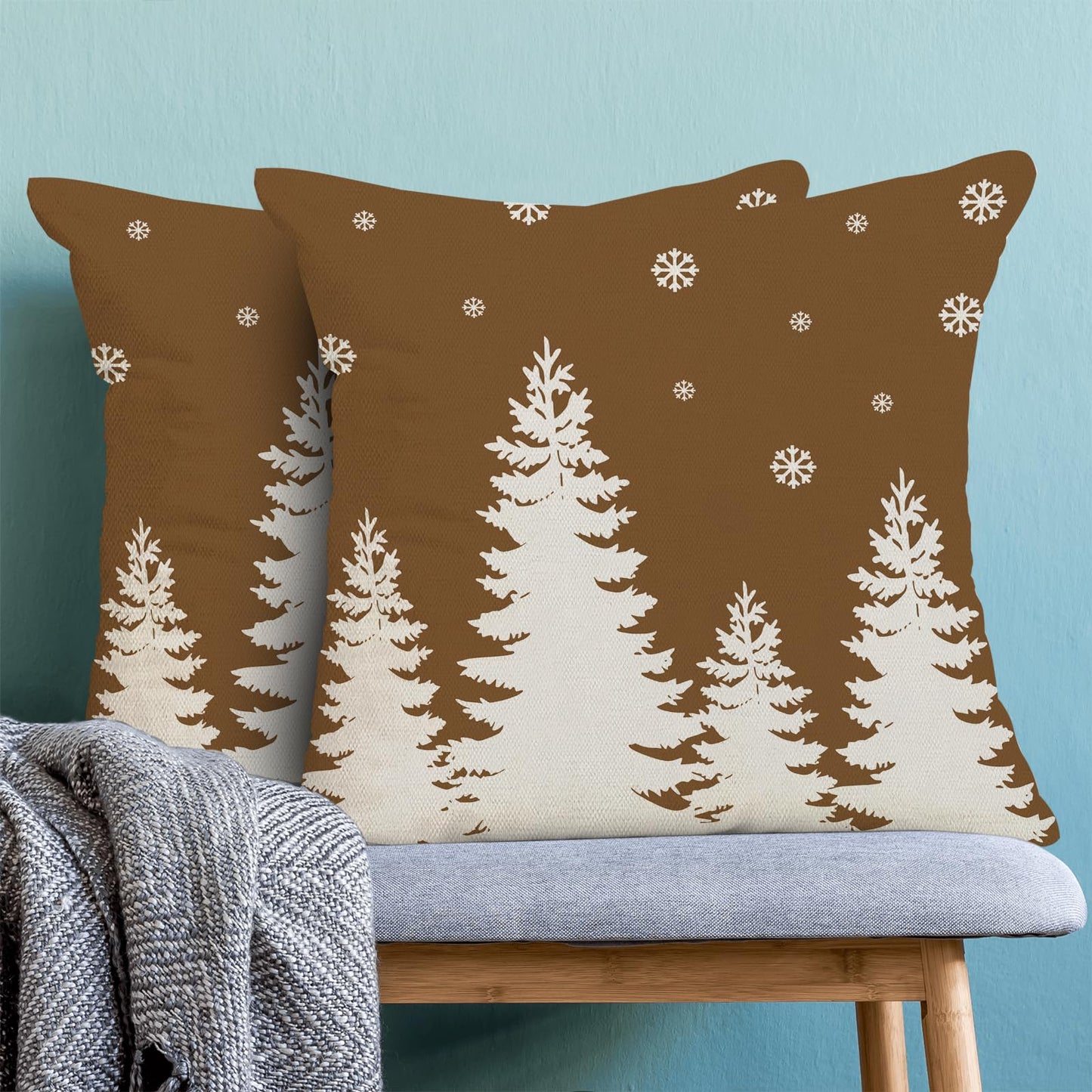 CXMEIFLY Christmas Pillow Covers 18x18 Inch Set of 2 Brown Cream Christmas Tree Snowflakes Decor Throw Pillows Winter Xmas Holiday Outdoor Cushion Cases for Couch Bed Decorations