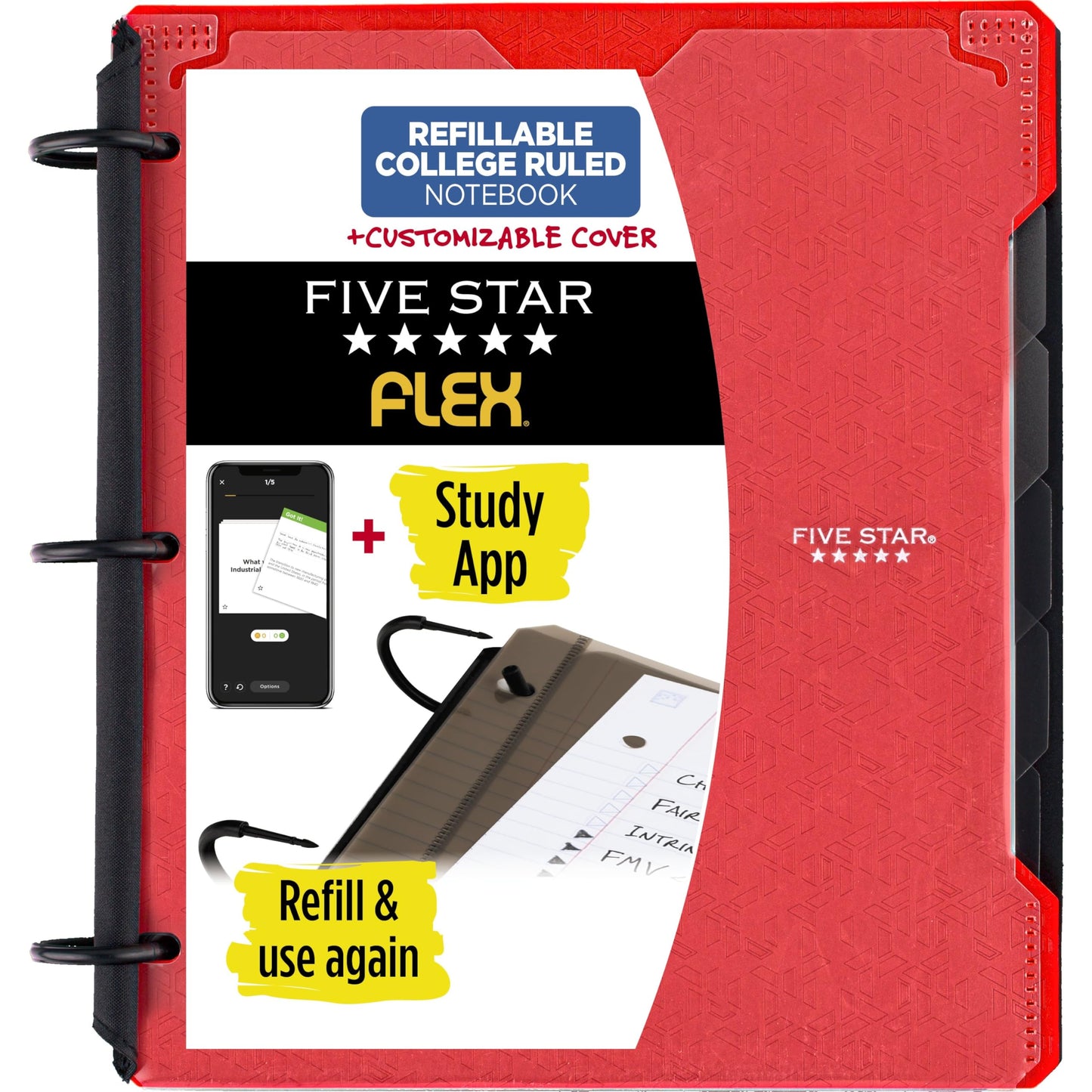 Five Star Flex Refillable Notebook + Study App, College Ruled Paper and 1 Inch TechLock Ring Binder with Customizable Cover, Pockets, Tabs and Dividers, 200 Sheet Capacity, Fire Red (29326AB2)