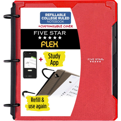 Five Star Flex Refillable Notebook + Study App, College Ruled Paper and 1 Inch TechLock Ring Binder with Customizable Cover, Pockets, Tabs and Dividers, 200 Sheet Capacity, Fire Red (29326AB2)