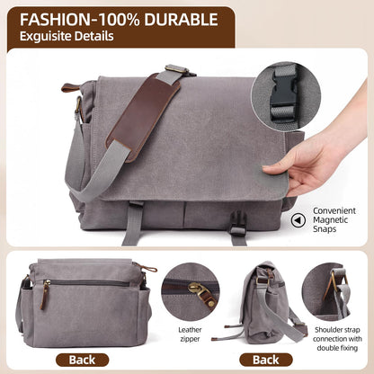 Messenger Bag for men Laptop Bag UnisexRetro Canvas Bag14-15.6 inches Casual single shoulder bag For Work College Travel (grey)