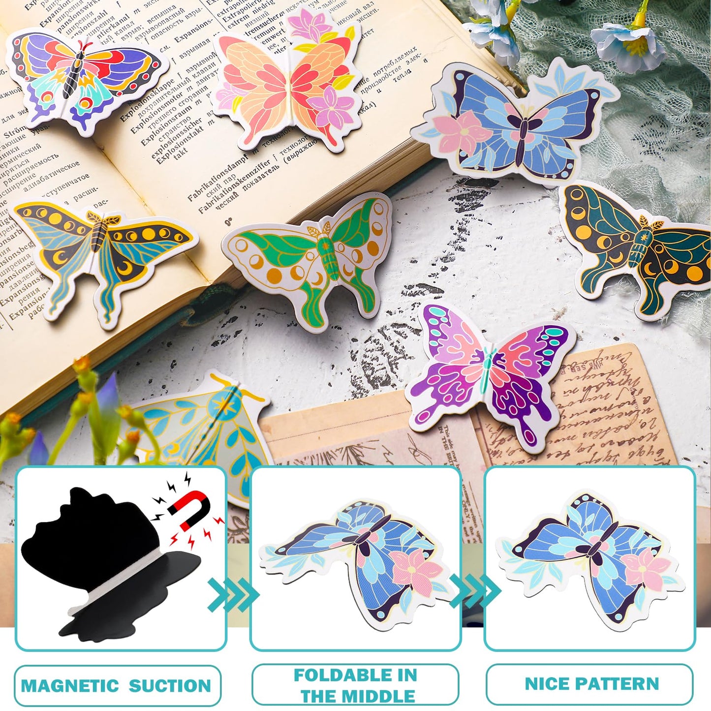 Ireer 60 Pcs Butterfly Magnetic Bookmarks Magnet Butterfly Shape Page Markers Cute Bookmarks Foldable Page Clip for Reading Office Gifts Supplies, 30 Styles