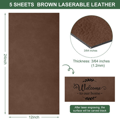 Huhumy 5 Pieces Laserable Leather Sheets Leatherette Sheets for Laser Engraving Leather Laser Engraving Supplies for Art Craft Supplies and Materials(12 x 24 Inch,Dark Brown)