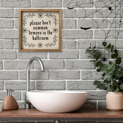 flangairy 11.8" Please Don't Summon Demons In The Bathroom Sign, Wooden Bathroom Wall Decor, Witch Guest Half ﻿Bath Rustic Home Art