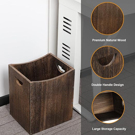 Vrisa Wood Trash Can 5.3 Gallon Office Wastebasket Farmhouse Rectangular Garbage Can with Built-in Handles Small Trash Can for Bedroom Office Kitchen Bathroom Under Desk Large Storage