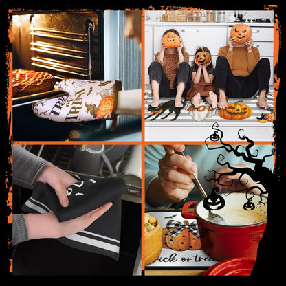 Teenyyou 11 Pcs Halloween Kitchen Mats Oven Mitts Towels and Pot Holders Set Hey Boo Rugs Ghost Kitchen Towels Pot Holders Pumpkin Oven Mitts for Halloween Home Cooking Decor Party Gift