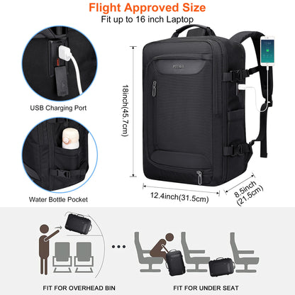 PIJUSHI Travel Backpack for Women Convertible Carry-On with Shoe Compartment Fits 16" Laptop TSA-Friendly for Work, Trips(PE038 Black)