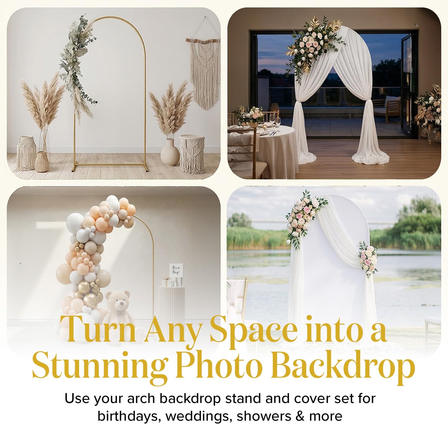 7.2FT Gold Wedding Backdrop Arch Stand with White Spandex Cover – Metal Frame, Water Weights & Storage Bag – Party, Birthday, Baby Shower, Bridal Shower, Wedding Ceremony, Photo Booth Decor