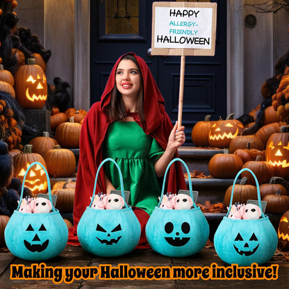Sunnymove 8 Pcs Halloween Teal Trick or Treat Pumpkin Reusable Bucket 9.8"x7.8" Gold Velvet Candy Bags Portable Halloween Pumpkin Fabric Gift Candy Bucket for Costumes Decoration Party Supplies