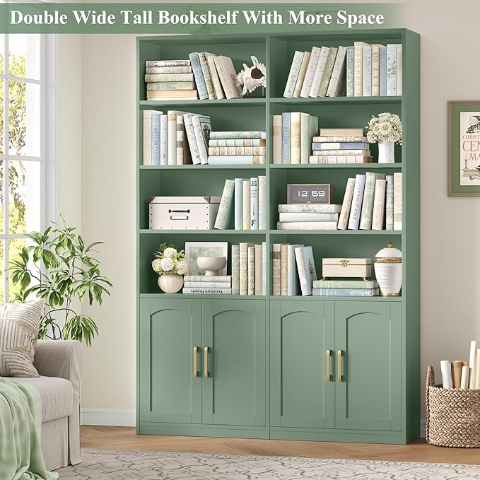 FACBOTALL Bookshelf and Bookcase with Doors, 6 Tier Double Wide Large Bookshelves, Open Display Shelves, 73'' Tall Bookshelf with Storage Cabinets for Home Office, Living Room, Library, Green