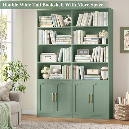 FACBOTALL Bookshelf and Bookcase with Doors, 6 Tier Double Wide Large Bookshelves, Open Display Shelves, 73'' Tall Bookshelf with Storage Cabinets for Home Office, Living Room, Library, Green