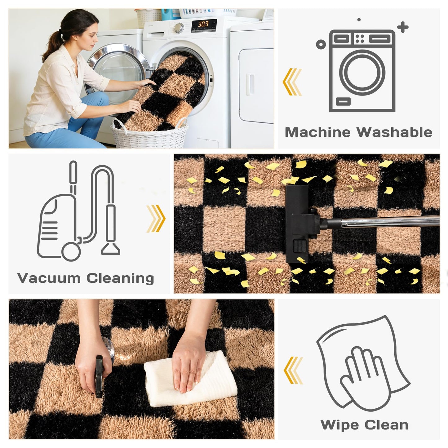 Checkered Rug 4x6 for Bedroom, Ultra Fluffy Shag Area Rugs for Living Room, Upgrade Anti-Skid High Pile Soft Rug Fuzzy Carpet for Living Room Bedroom Kids Room Nursery, Dorm Home Decor, Black & Beige