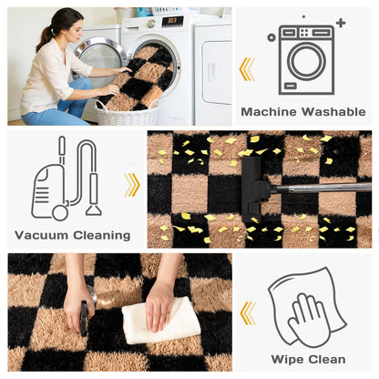 Checkered Rug 4x6 for Bedroom, Ultra Fluffy Shag Area Rugs for Living Room, Upgrade Anti-Skid High Pile Soft Rug Fuzzy Carpet for Living Room Bedroom Kids Room Nursery, Dorm Home Decor, Black & Beige