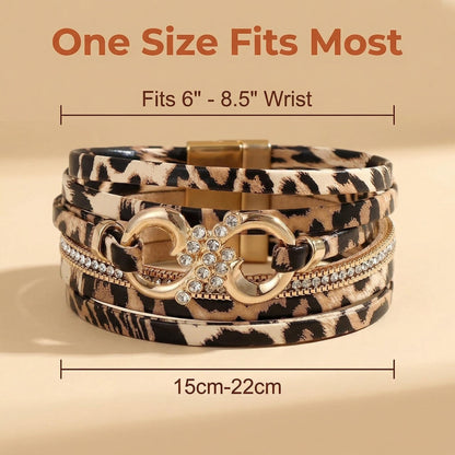 Hopeicy Leopard Bracelet for Women, Boho Leopard Print Wrap Bracelet with Rhinestone Gold Buckle, Magnetic Clasp Layered Leather Cuff Bracelet, Cheetah Print Jewelry Fashion Accessories Gift for Women