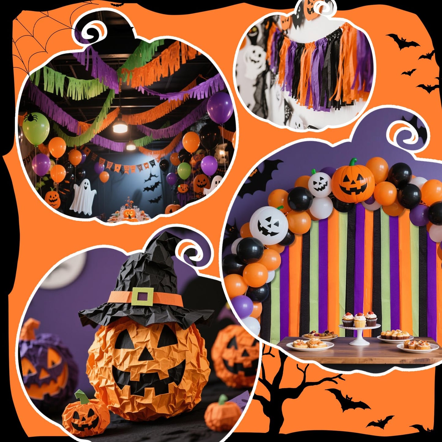 Riqiaqia Halloween Streamers, 8 Rolls Black & Orange Crepe Paper Streamers for Halloween Party Decorations, Birthday & Home Backdrop Decorations