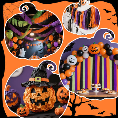 Riqiaqia Halloween Streamers, 8 Rolls Black & Orange Crepe Paper Streamers for Halloween Party Decorations, Birthday & Home Backdrop Decorations