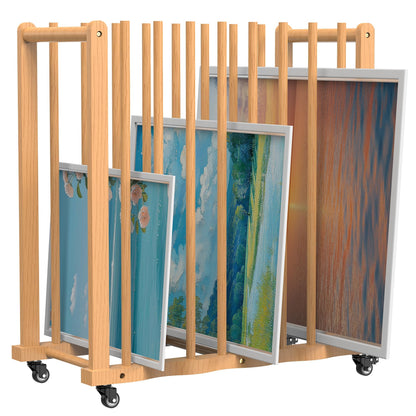 BERPET Wood Art Drying Rack, Canvas Storage Rack with Handle and Caster Wheels for Drawing Board, Panel, Paper Pad and Art Studios, Artworks, Gallery